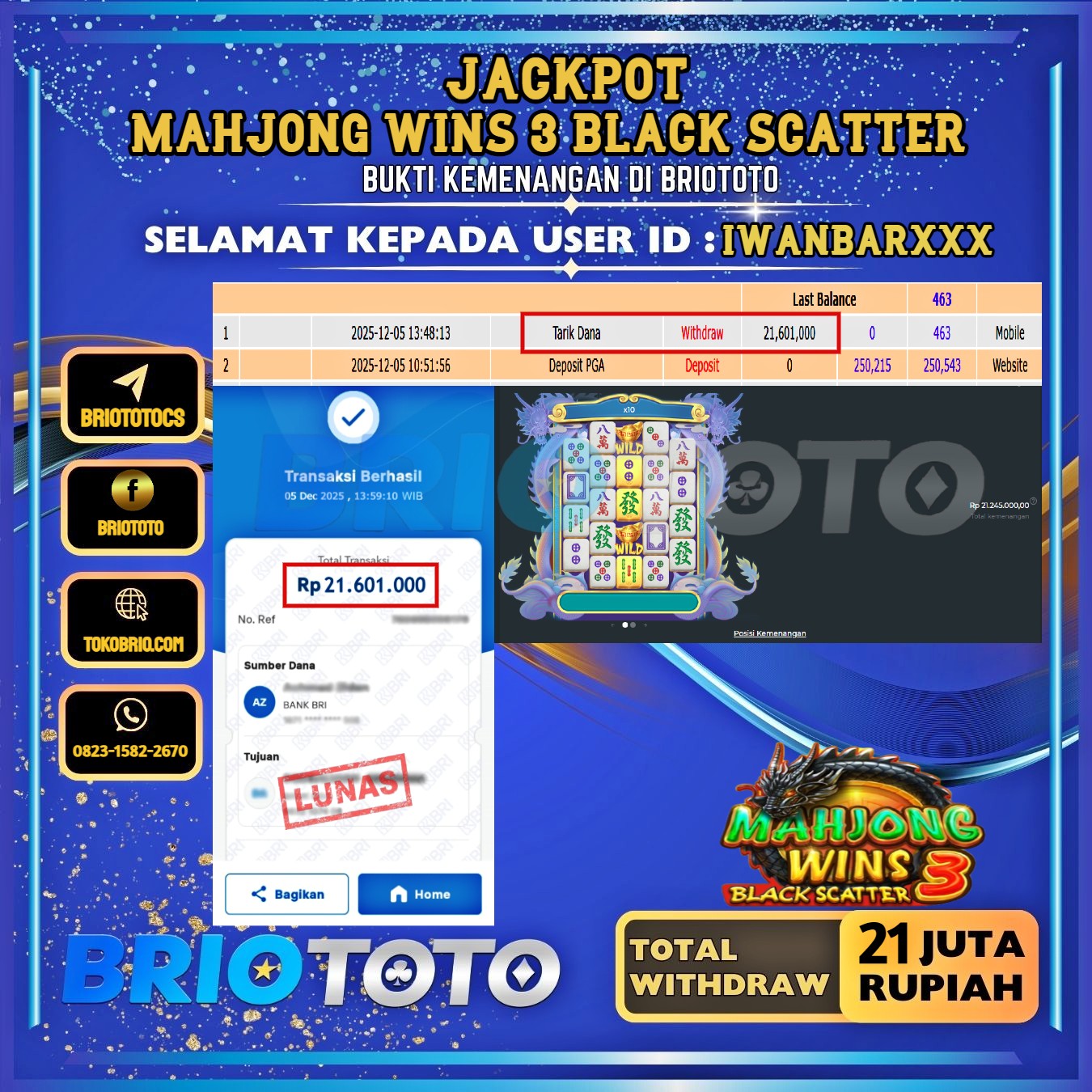 BRIOTOTO JACKPOT SLOT MAHJONG WINS 3 BLACK SCATTER RP.21.000.000,- LUNAS USER ID : IWANBAR****