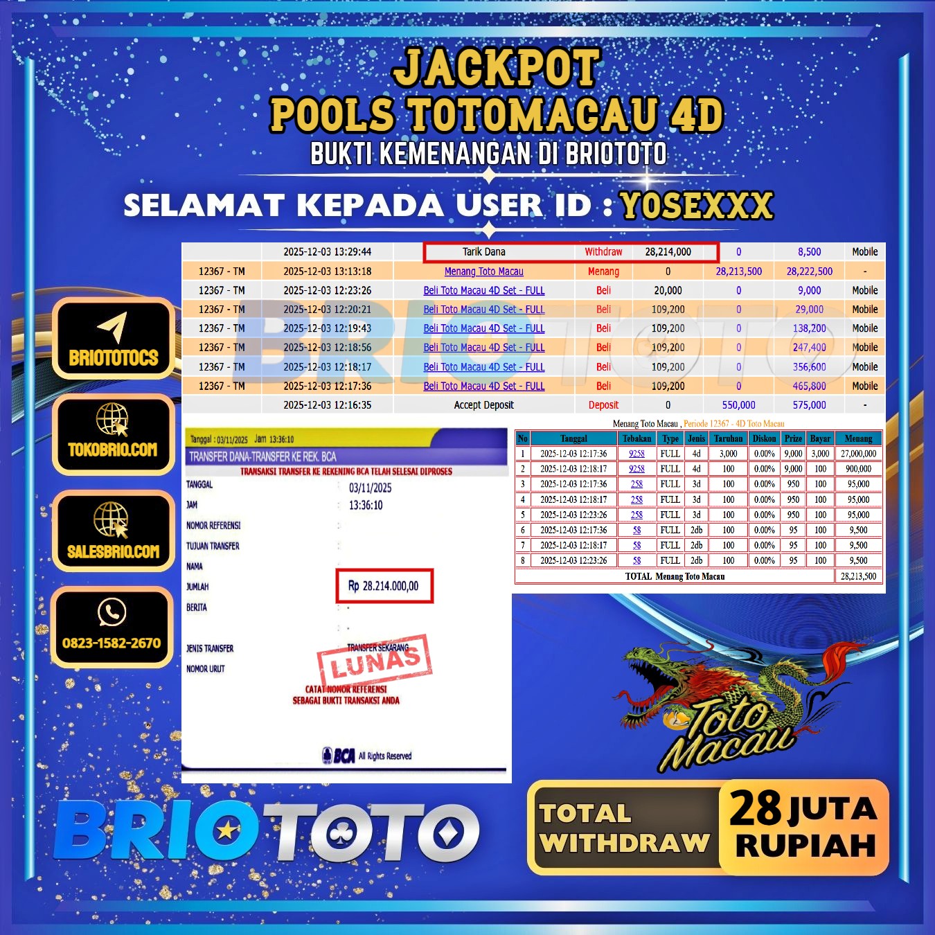 BRIOTOTO JACKPOT TOGEL TOTOMACAU 4D RP.28.000.000,- LUNAS USER ID : YOSE***